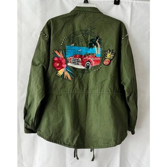 Zara Woman Green Embroidered Utility Jacket Tropical Patch Studded Oversized M - Picture 12 of 16